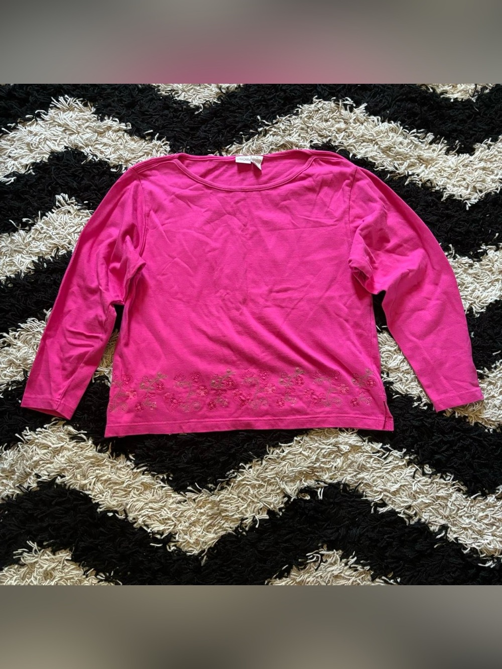 Cherokee Bright Pink Floral Embroidered Hem Long Sleeve Shirt Women’s XL